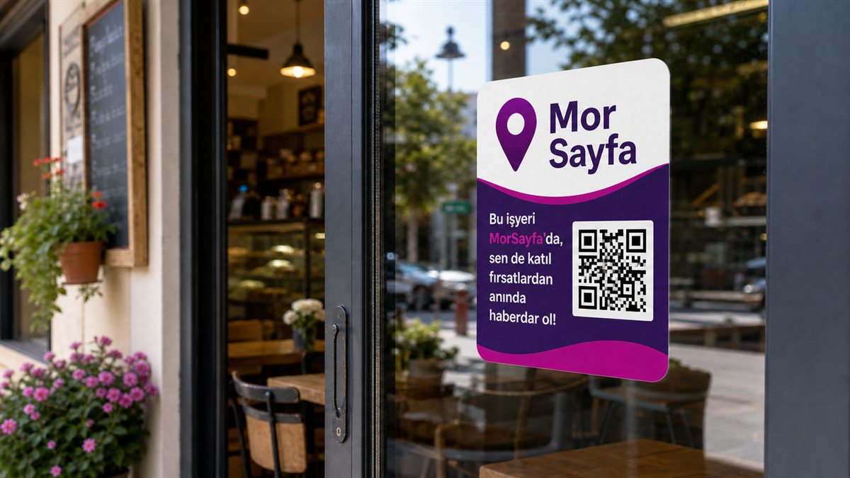 Bir işletmenin camında MorSayfa üye ol etiketi