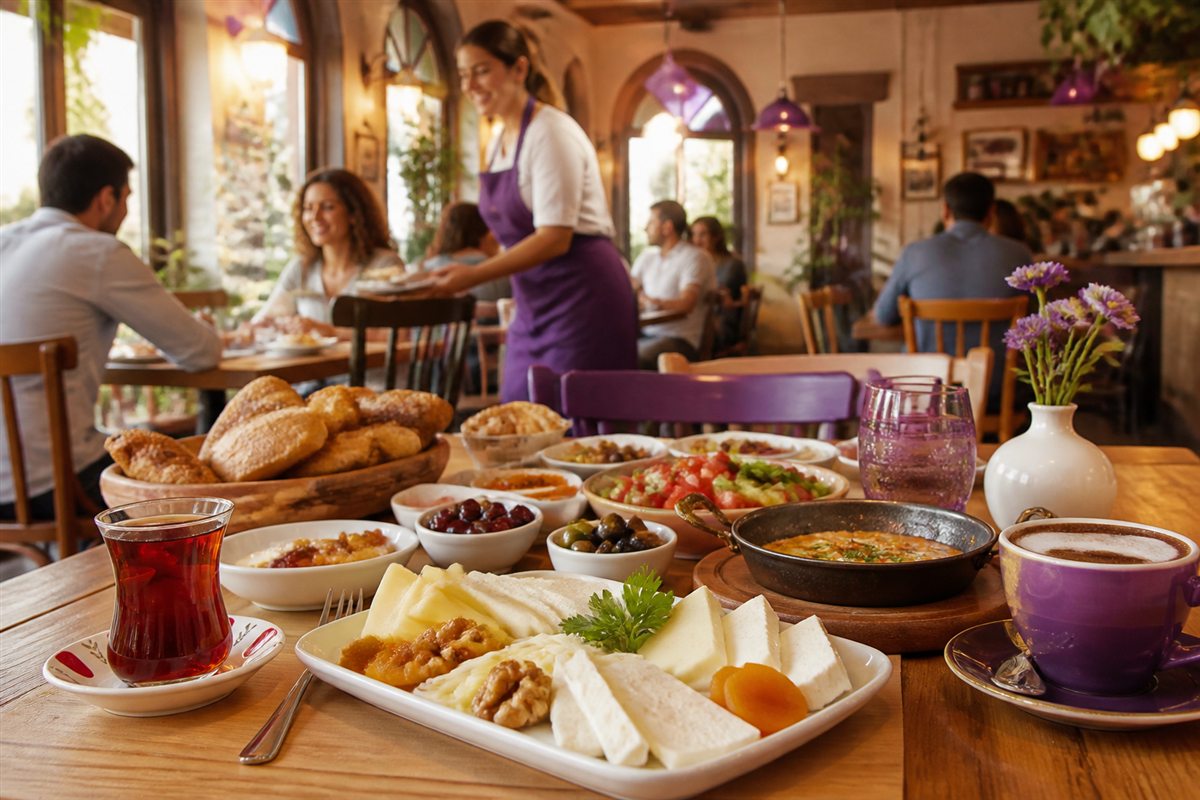 Kahvaltı servisi yapılan sıcak ve canlı bir kafe